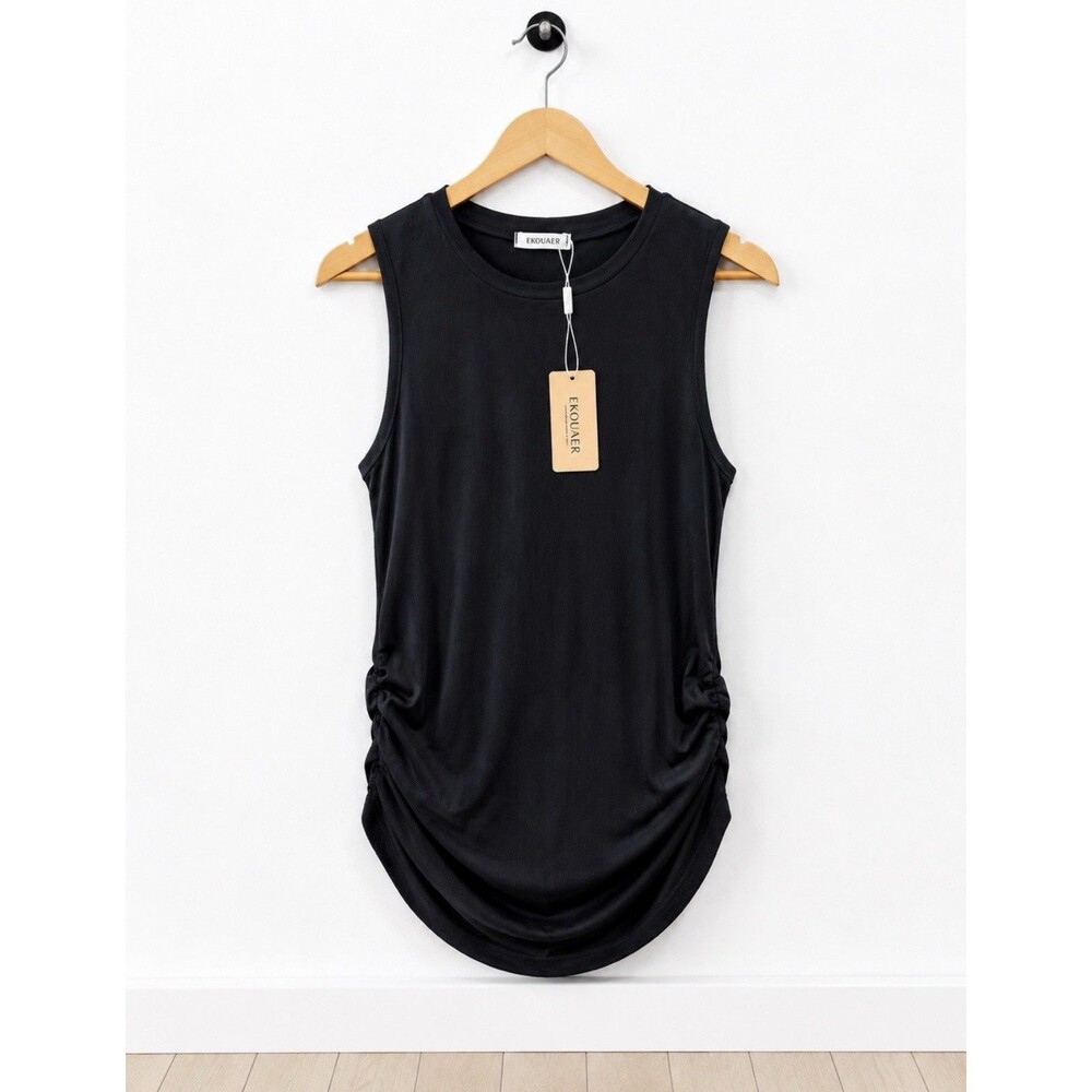 Ekouaer Women's XL Black Ruched Sleep Shirt Nightgown Ribbed Sleeveless New
